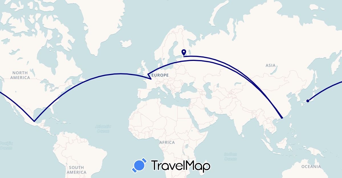 TravelMap itinerary: driving in China, France, United Kingdom, Japan, Mexico, Russia (Asia, Europe, North America)